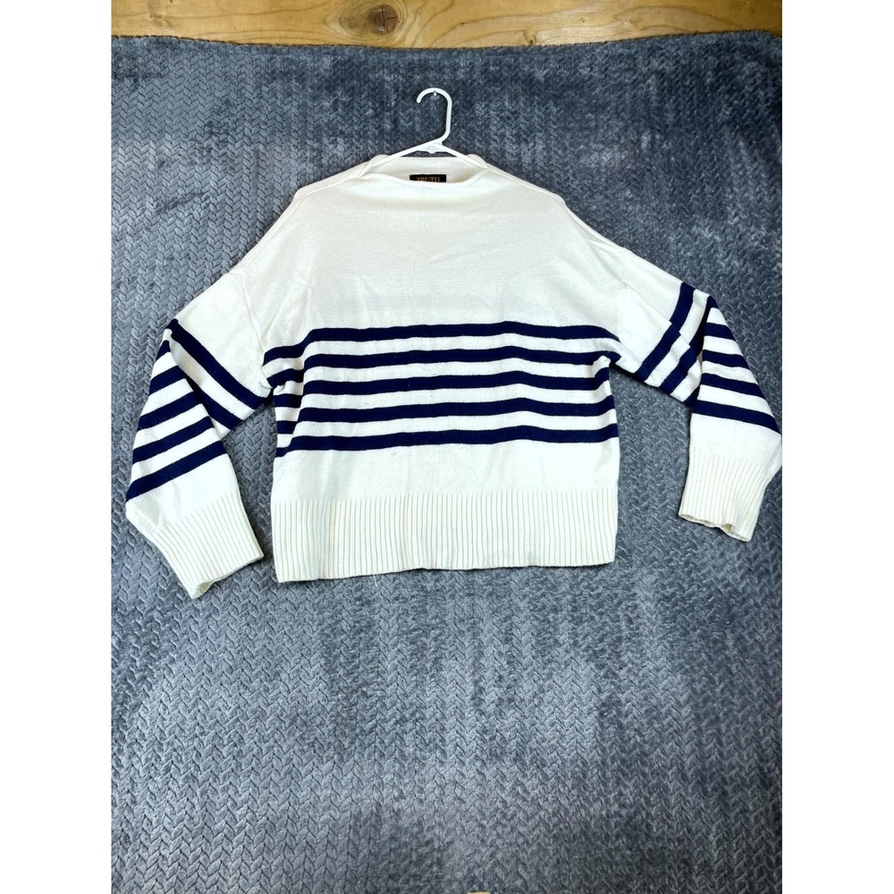 Truth by Republic Sweater Women's XL White Blue Striped Tight Knit Boat Neck